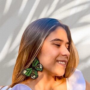 Green beaded butterfly earrings for women